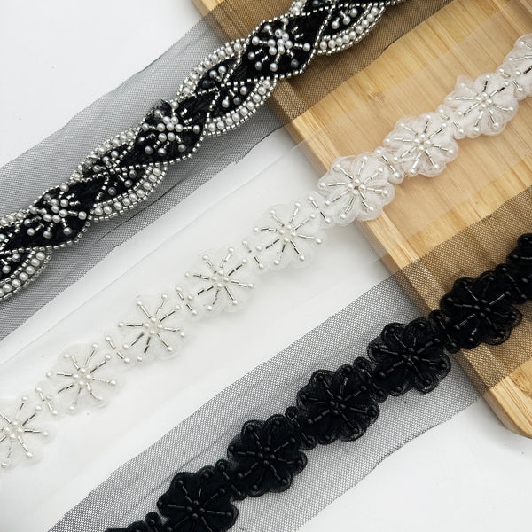 OEKO TEX  GRS Bead-Embroidered Lace Trim Hand-Sewn Bead Applique