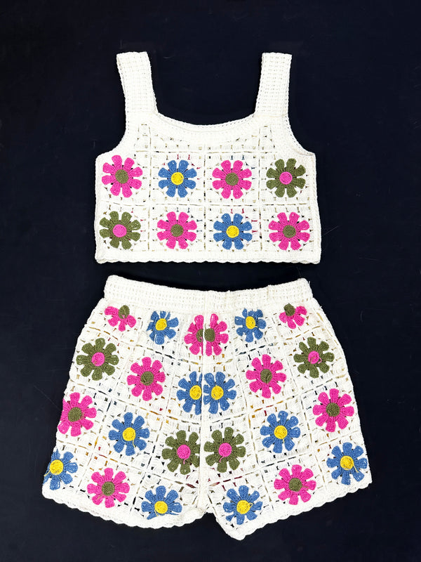 OEKO TEX  GRS  Multicolor embroidered set  Water-soluble lace coordinates  Colorful embroidery separates  Vibrant floral two-piece